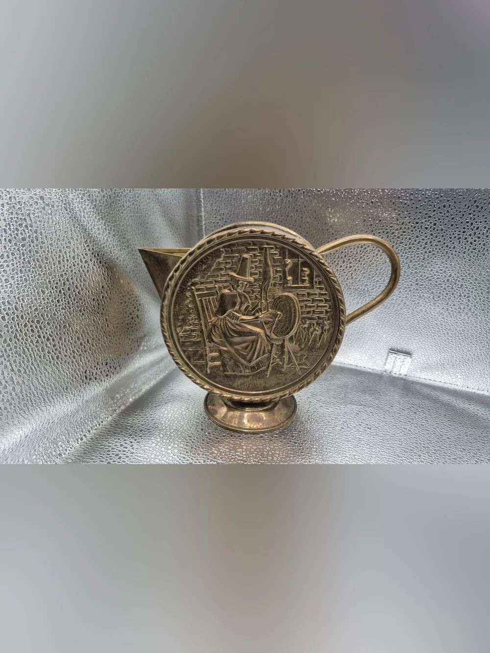 Vintage Jenny Jones Brass Pitcher - Embossed Metal Made in England MCM Barware